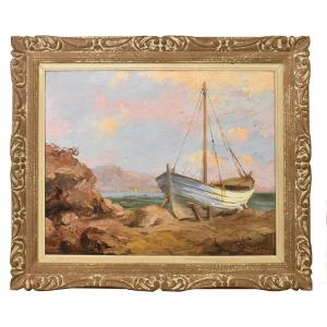 ANTIQUE PAINTINGS, SEA PAINTINGS, AZURE COAST MARINE WITH BOAT, OIL ON PANEL, EARLY 20TH CENTURY. (QM520)